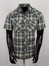 Men's Western Green White Plaid Shirt Short Sleeve Snap Up Two Flap Pockets