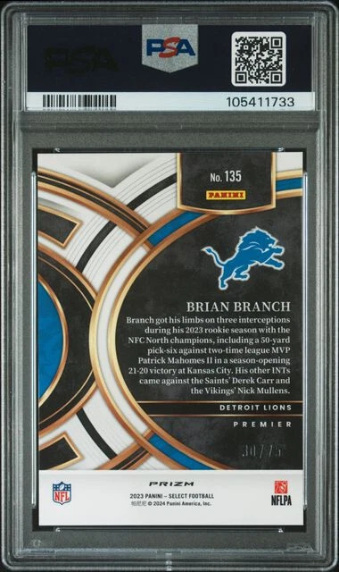 BRIAN BRANCH SIGNED 2023 PANINI SELECT PURPLE PRIZM 135 RC PSA 10 AUTO 10 /75 - Image 2 of 2