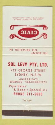 Matchbook Cover - Civic Pipes Tobacco Sol Levy Sydney Australia 30 Strike
