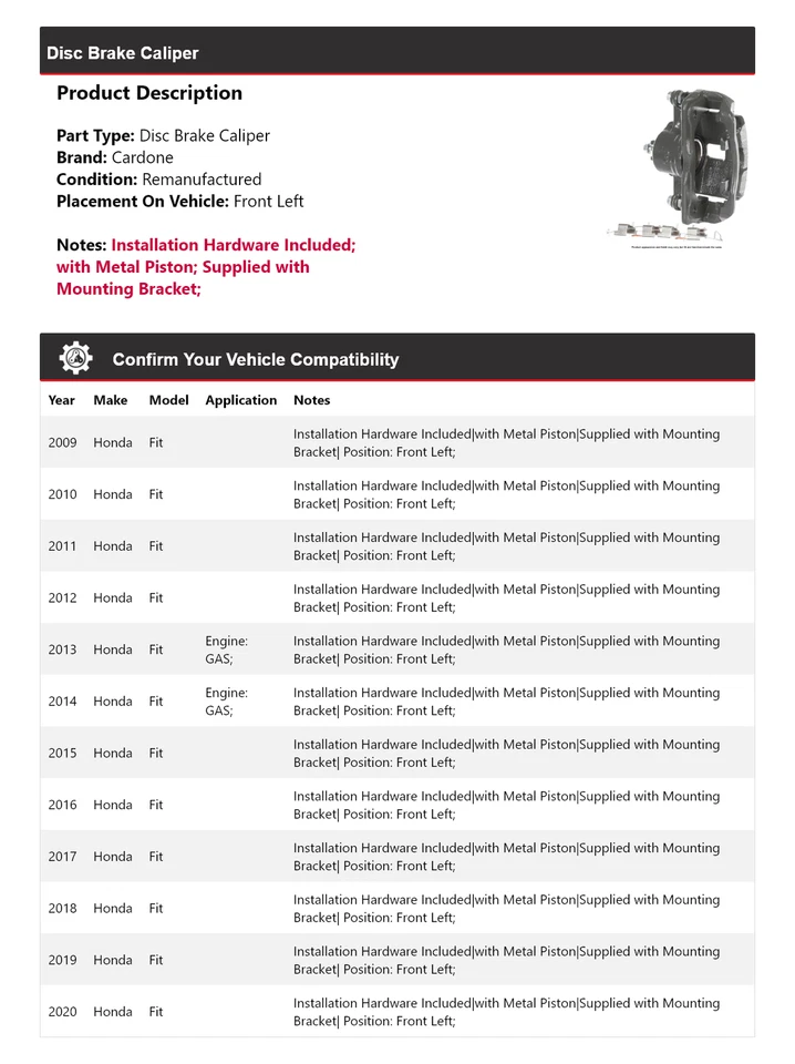 Pinza de freno de disco delantera izquierda cardone 2010 2011 2012 para Honda Fit 2009-2020 Foto 2 de 4