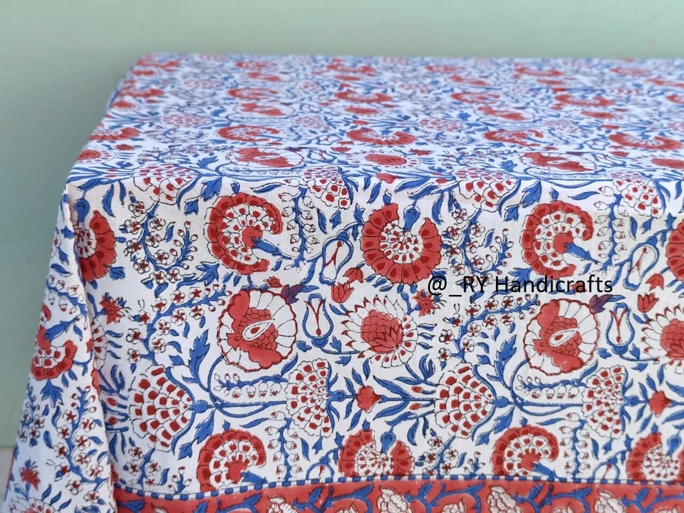 Pink & Blue Indian hand Block Print tablecloth Floral Cotton Custom Table cover - Image 4 of 4
