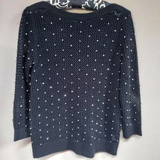 Worth New Work Womens Small Black Wool Rhinestone Open Knit Sweater Pullover