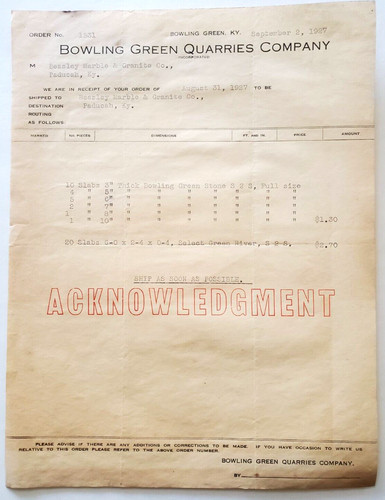 1927 Order, Bowling Green Quarries Company, Bowling Green, Kentucky, To Paducah