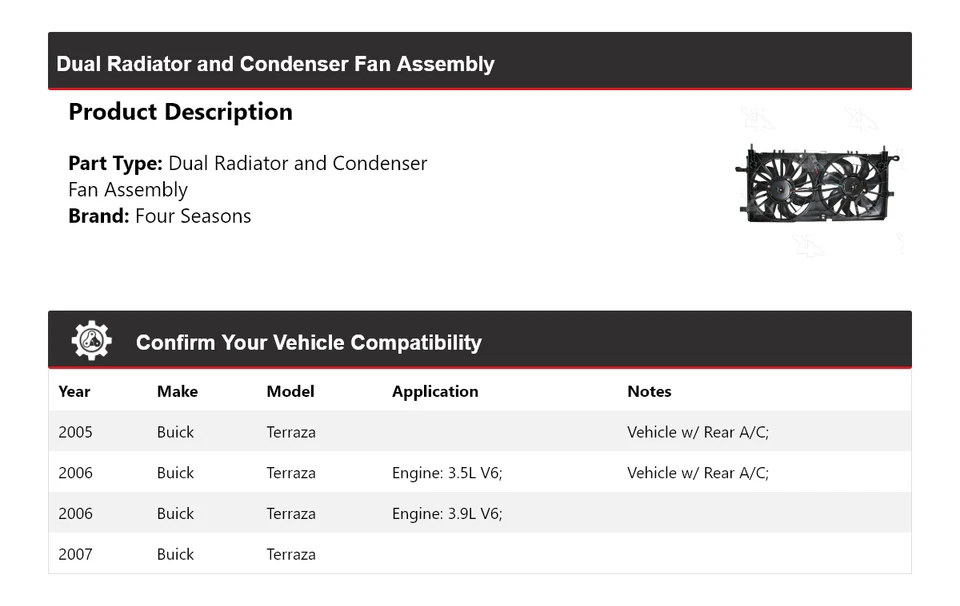 Двойной радиатор и конденсаторный вентилятор в сборе для Buick Terraza 2005-2007 годов выпуска 4 сезона - Изображение 2 из 4
