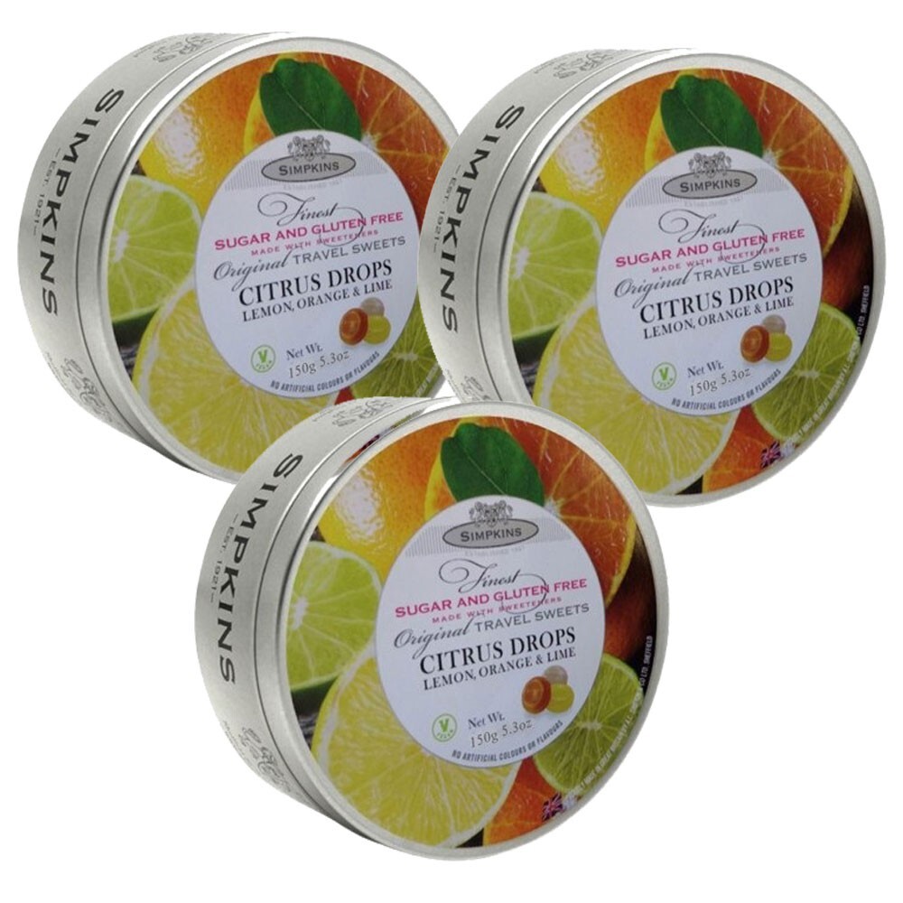 Simpkins Sugar & Gluten Free Citrus Drops Travel Sweets 150g PACK OF 3