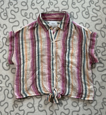 Rails Amelia Avila Stripe Linen Blend Collared Button Front Tie Top Women Size S