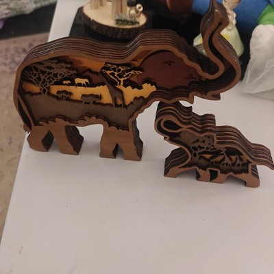 Layered Wood Elephant Figurines Safari Scene Nursery Shelf Decor Mom & Baby   