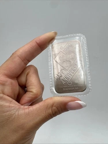 Vintage 1990 National Refiners 1 oz Troy Silver Bar Happy Anniversary .999 Fine