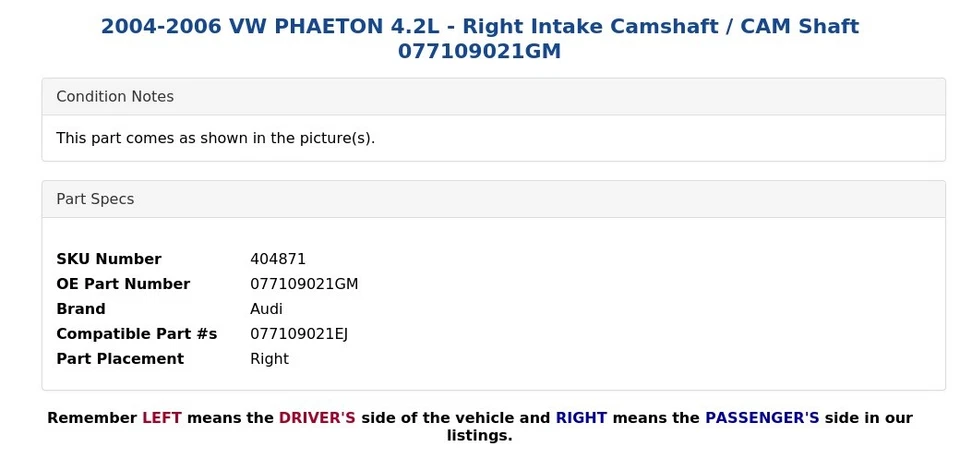 VW PHAETON 2004-2006 4,2 L - Árbol de levas de admisión derecha/eje CAM 077109021GM Foto 4 de 4