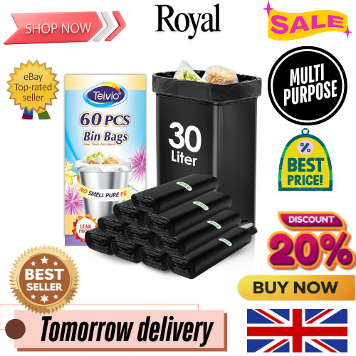 30 Liter 60 Counts Strong Trash Bags Garbage Bags by Teivio, Bathroom Trash Can