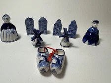 Delft Holland Porcelain Lot 9 Pc Windmill Mini Trinket Canal houses shoes bells