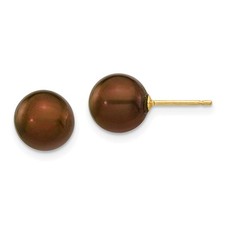14k Yellow Gold 8-9mm Brown Round Freshwater Cultured Pearl Stud Earrings 0.1gm