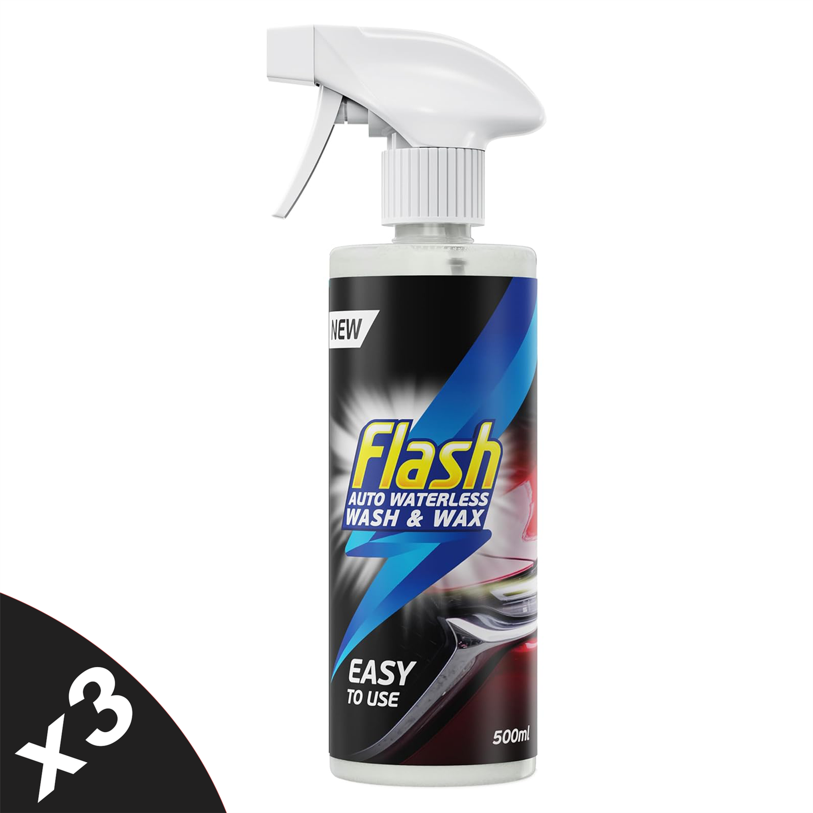 Flash Waterless Wash & Wax Quick & Effective Waterless Car Cleaner Spray 3x500ml