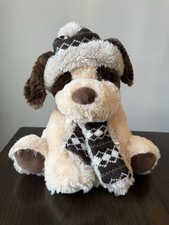Hugfun Stuffed Tan Puppy Dog Plush W/ Hat  Scarf 12" Winter Holiday