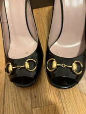 Preowned Authentic Gucci open Toe Horsebit Pumps Size 40/10 Black Patent Leather