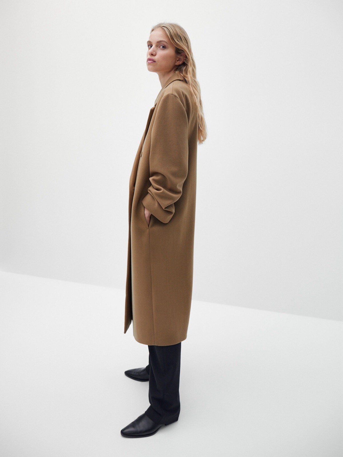 Massimo Dutti Brown/Camel Double Breasted Long Wool Coat_Size L_Brand New image 3