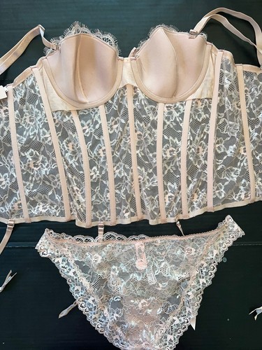 Victoria's Secret 34C/34D/36B M garter CORSET SET BEIGE SILVER evening blush - Picture 5 of 5