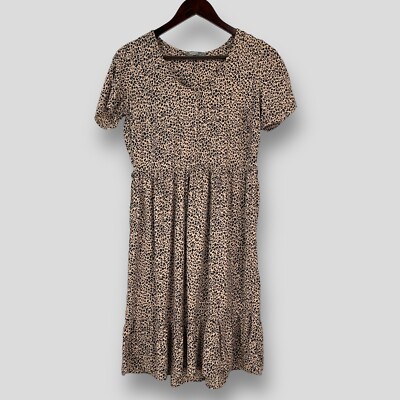 NUTMEG Damen V-Ausschnitt Leopardenmuster Tiermotiv Kurzarm Midikleid UK 8