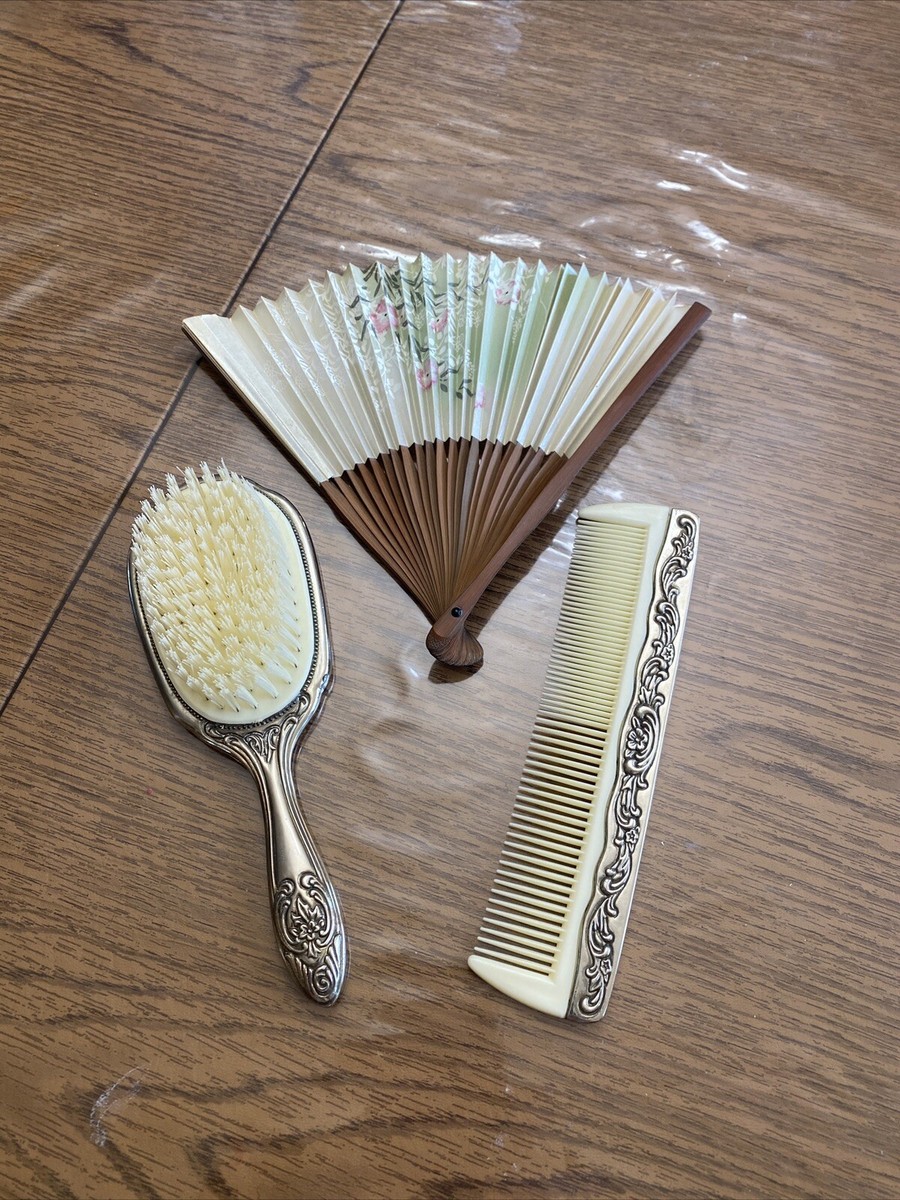 Vintage Ornate Hair Brush & Comb Set Silver Plated Vanity 