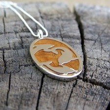 Koa Wood Hawaii Jewelry Dolphin Oval Silver Rhodium Plated Brass Pendant BRP1069