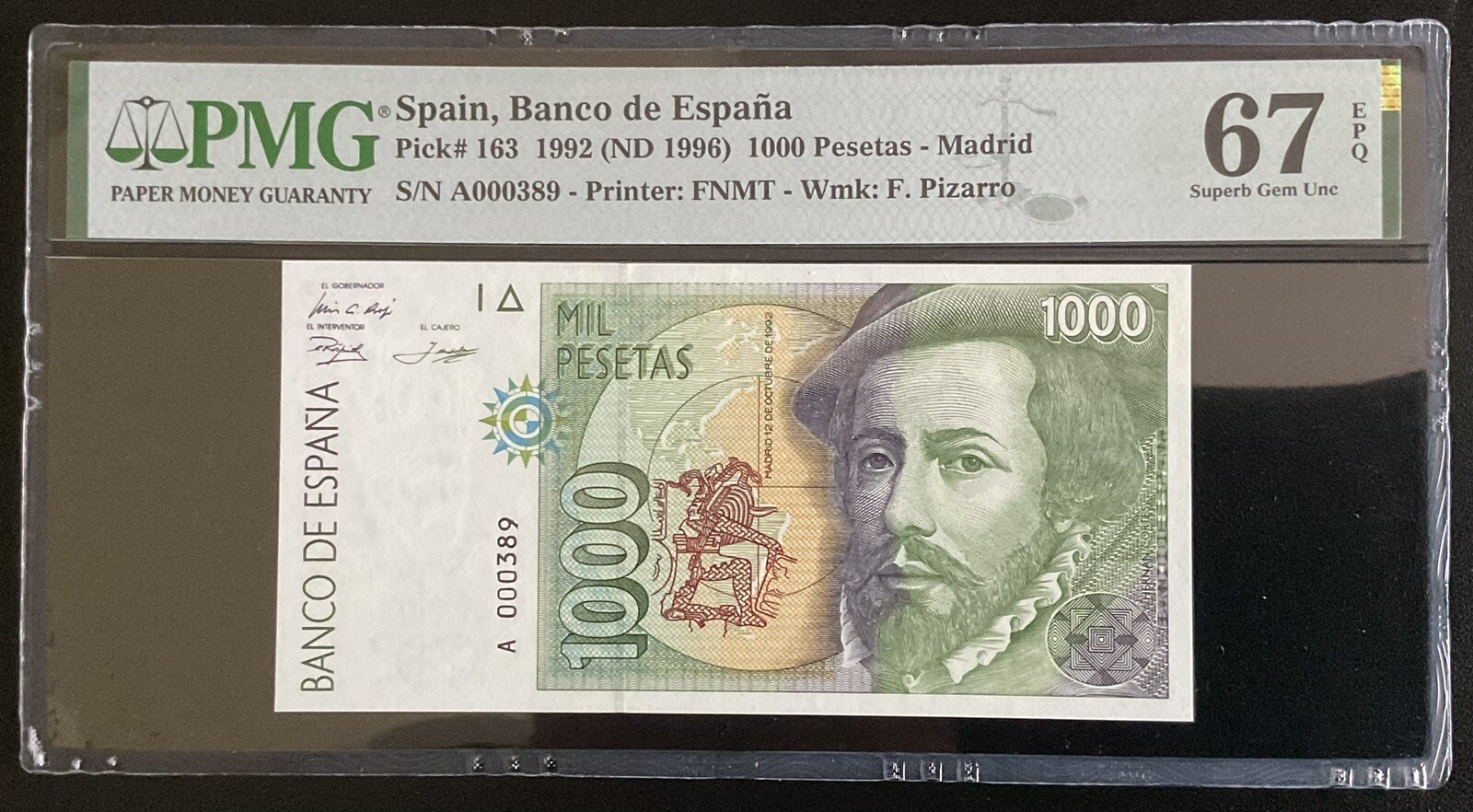 Billete 1000 Pesetas 1992 PMG 67 Serie A Bajo
