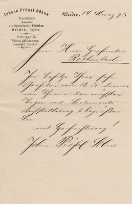 WEIDEN, 2 x Brief 1895, Johann Prössl Söhne Brasil-Tabak-Spiegelglas-Fabriken