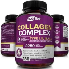 NutriFlair Multi Collagen Peptides Supplement for Hair, Skin, Nails 180 veg caps