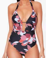 Bar III Medium Black Floral Secret Garden Halter Plunge 1-Piece Swimsuit NWT