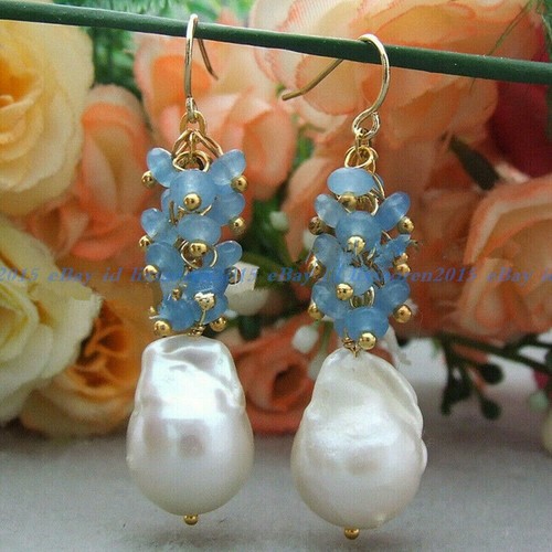 Natural White Baroque Pearl & Faceted Blue Jade Dangle Hook Earrings - Picture 3 of 12