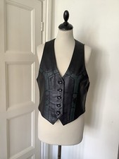 Vintage Ying Dak Noble Trend Womens Black Green Leather Waistcoat Gilet Small