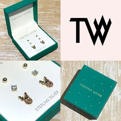 NIB Tabitha Webb Sterling Silver Earrings Set Assorted Reindeer, Round, Diamond