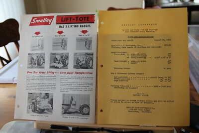 Brochure Smalley Manufacturing Co Manitowac WI Lift Tote & price list 1950's
