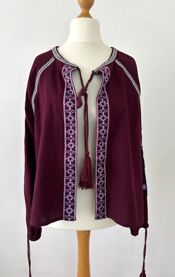 River Island Jacke Oberteil Damen bestickt Boho Festival Baumwolle Quasten Gr. M