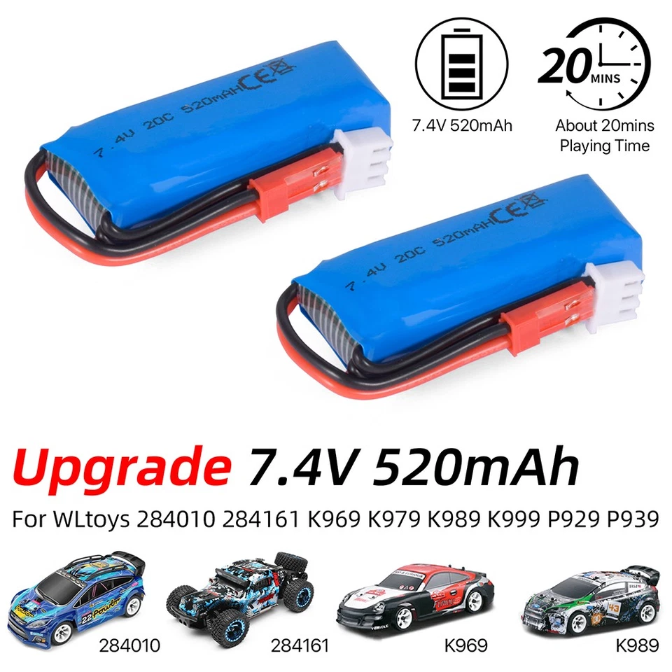 2x WLtoys 7.4V 520mAh 20C Battery for K979 K989 K999 P929 284010 284161 RC Cars - Image 4 of 4