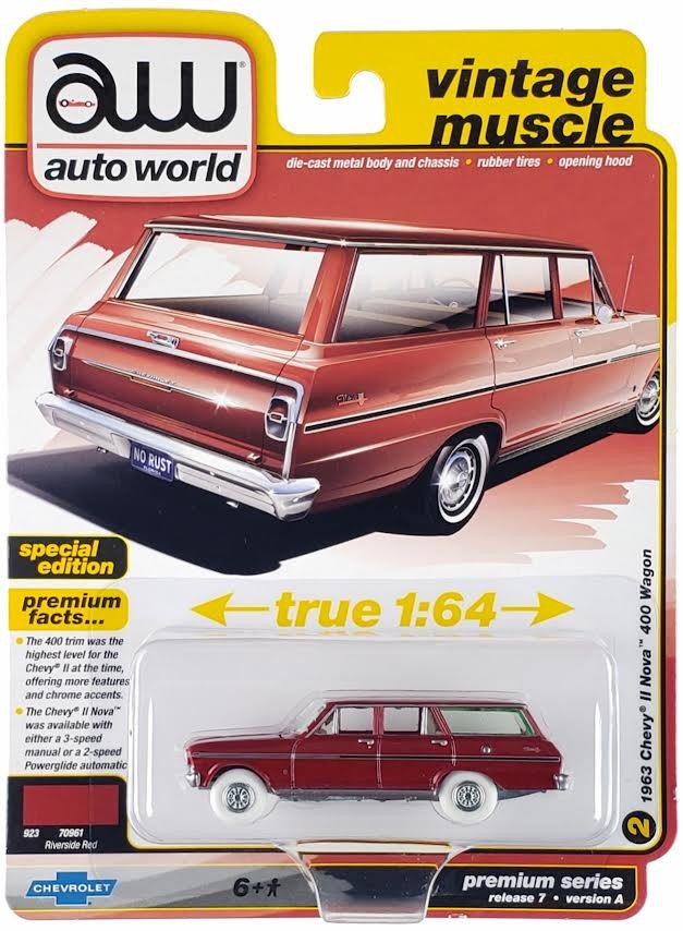 Ultra Red Chase 1963 CHEVROLET II NOVA 400 WAGON RED 1/64 AUTO WORLD AWSP183 A