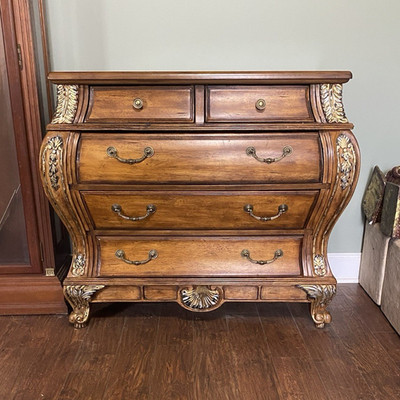 Carved Wood 4-Drawer Chest of Drawers, Brown Medium Wood, Bail Pull