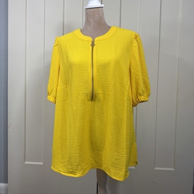 Michael Kors Women's 1X Short Sleeve Top Blouse Bright Dandelion Zip Front NWT