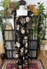 Vintage 1980s Brown Black Smocked Maxi Dress
