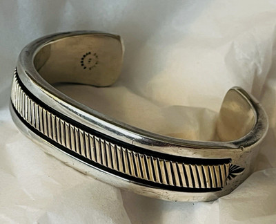 Navajo BRUCE MORGAN Sterling Silver 14K Cuff Bangle Bracelet Heavy 120.8g