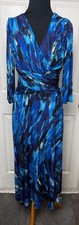 Clues Blue Abstract Maxi Dress Size 4 Faux Wrap V-Neck Ruched Waist 3/4 Sleeve