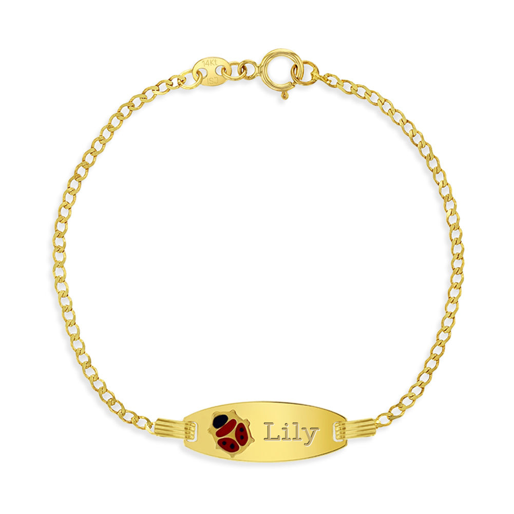 14k Gold 6" Ladybug Enamel ID Bracelet Baby / Toddler / Kids Bracelet