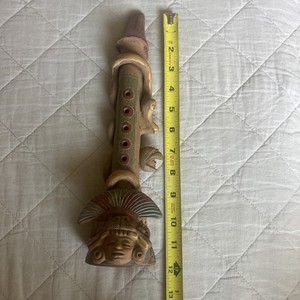 Vintage Aztec Ocarina Clay Flute Recorder Musical Instrument Handpainted 12 inch