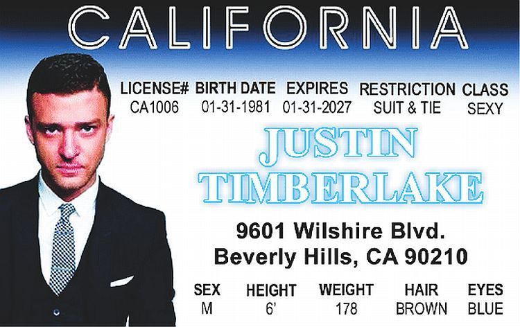 Justin Timberlake novelty collectors card Drivers License
