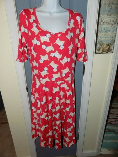 Lularoe Nicole Dress Red W/Dogs Size L 