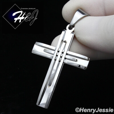 MEN's Stainless Steel Simple Triple Line Silver Cross Charm Pendant*A125