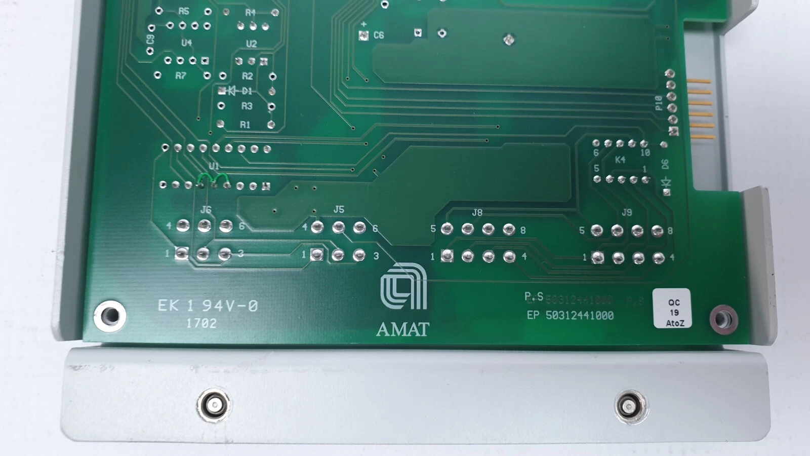 Rear close-up of the 50312441000 board with AMAT logo and J5, J6, J8, J9 solder pins