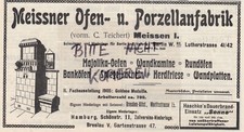 MEISSEN, Werbung 1911, Meissner Ofen-Porzellan-Fabrik Wandkamine Rundöfen Banköf