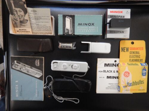 Vintage 1967 Minox B Subminiature Spy Camera w/ model B flashgun, film, literatu