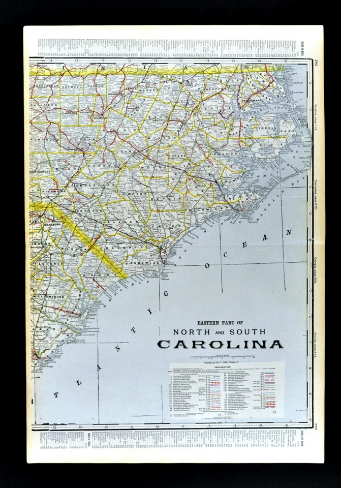 Mapas de ferrocarril Cram 1904 x 2 Carolina del Norte y del Sur Raleigh Charleston Outer Bank Foto 3 de 4