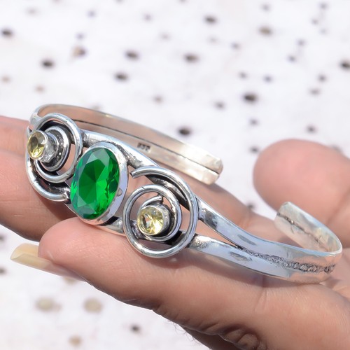 Russian Diopside, Citrine Gemstone Bracelet 925 Sterling Silver Cuff Mans Bangle - Picture 2 of 8